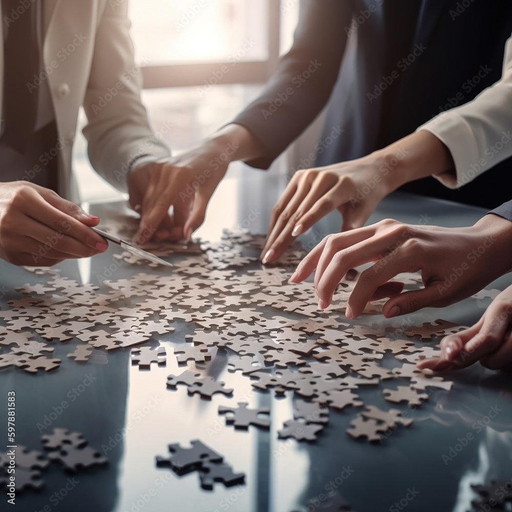 Hand holding jigsaw puzzles, Business partnership concept. generative ai Hand holding jigsaw puzzles, Business partnership concept. generative ai