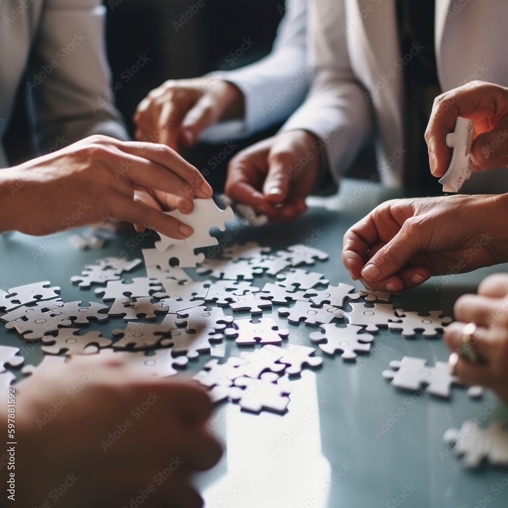 Strategy and solution based on hand holding puzzle pieces. Close-up of two white jigsaw puzzle pieces connected together. Teamwork concept of join collaboration success. generative ai Strategy and solution based on hand holding puzzle pieces. Close-up of two white jigsaw puzzle pieces connected together. Teamwork concept of join collaboration success. generative ai