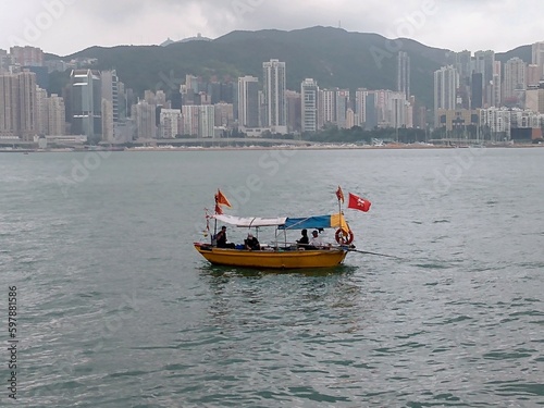 A boat in the Victoria harbour in Hong Kong 