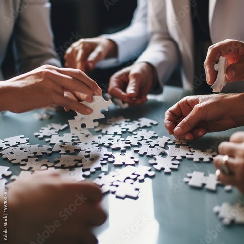 Strategy and solution based on hand holding puzzle pieces. Close-up of two white jigsaw puzzle pieces connected together. Teamwork concept of join collaboration success. generative ai