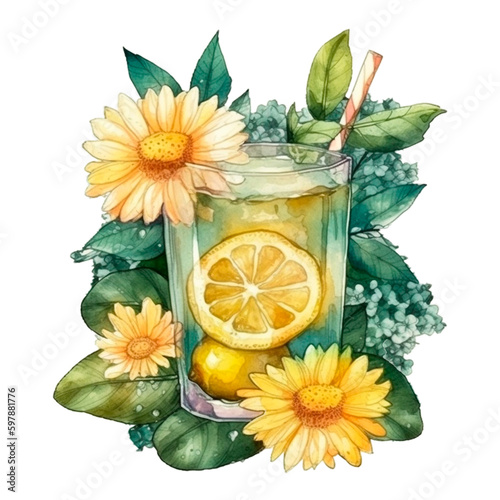 Lemonade watercolor AI generative. Summer fresh lemonade with flowers. Natural fresh cocktail summer isolated illustration. Summer holidays beach vacation natural citrus drink