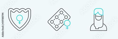 Set line Muslim woman in hijab, Gender shield, Female and Packaging of birth control pills icon. Vector