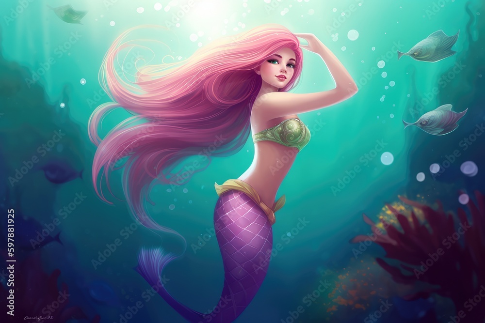A beautiful mermaid with pink hair and a purple fishtail in the underwater world. Fantasy woman. Banner for oceans day or World Water Day, created for generative ai