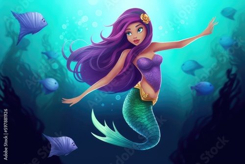 A beautiful black mermaid with purple hair and a green fishtail in the underwater world. Fantasy woman. Banner for world oceans day or World Water Day, created for generative ai