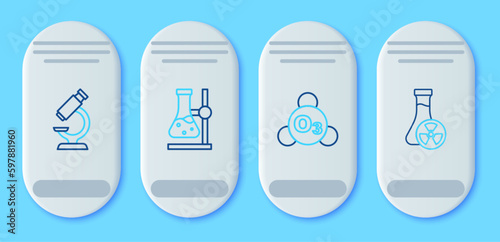 Set line Test tube flask on stand, Ozone, Microscope and with toxic liquid icon. Vector