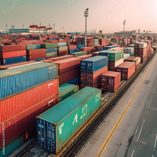 Transportation Logistics of international container cargo shipping and cargo plane in container yard, Freight transportation, International global shipping. generative ai
