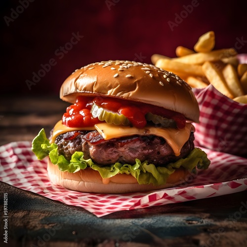 A Classic American Bacon Cheeseburger with Fries and Ketchup