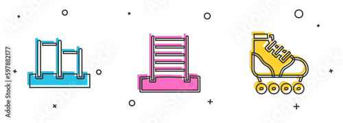 Set Horizontal bar, Swedish wall and Roller skate icon. Vector