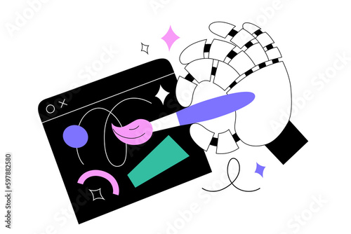 Robot hand drawing an artwork in window, holding a brush, drawing abstract shapes. Artificial intelligence creating an image, Ai generating digital art, deep learning concept, vector illustration