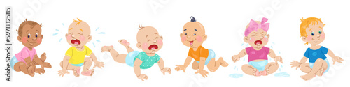 Six cute kids in different moods. They smile and cry. Banner in cartoon style. Isolated on white background. Vector illustration