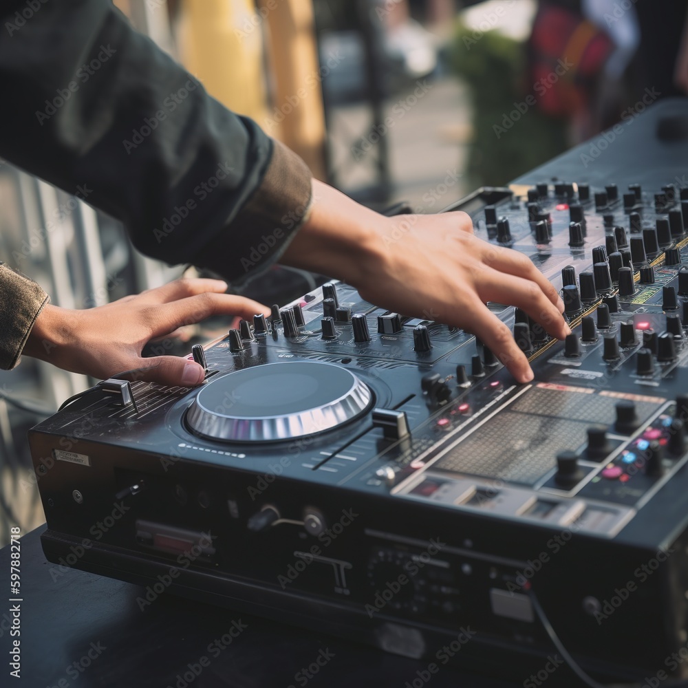 DJ Hands creating and regulating music on dj console mixer in concert outdoor. generative AI DJ Hands creating and regulating music on dj console mixer in concert outdoor. generative AI