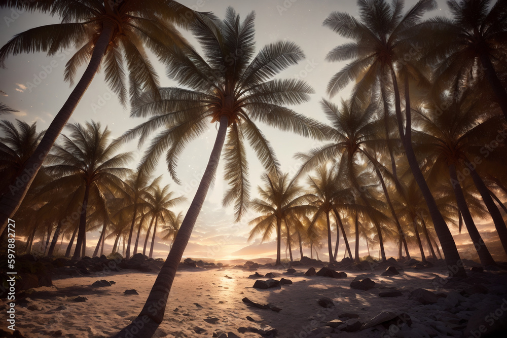 Obraz premium AIで生成したヤシの木の森の夕暮れのイラスト ジェネレーティブ Generative AI