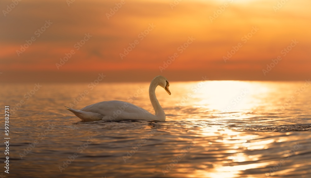 Fototapeta premium Ein majestätischer weißer Schwan (Cygnus olor) schwimmt in der spiegelglatten Ostsee vor einem atemberaubenden orangefarbenen Sonnenuntergang. Traumhafte Atmosphäre