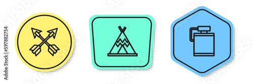 Set line Crossed arrows, Indian teepee or wigwam and Canteen water bottle. Colored shapes. Vector