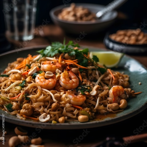 A Fragrant and Delicious Plate of Pad Thai with Shrimp and Peanuts