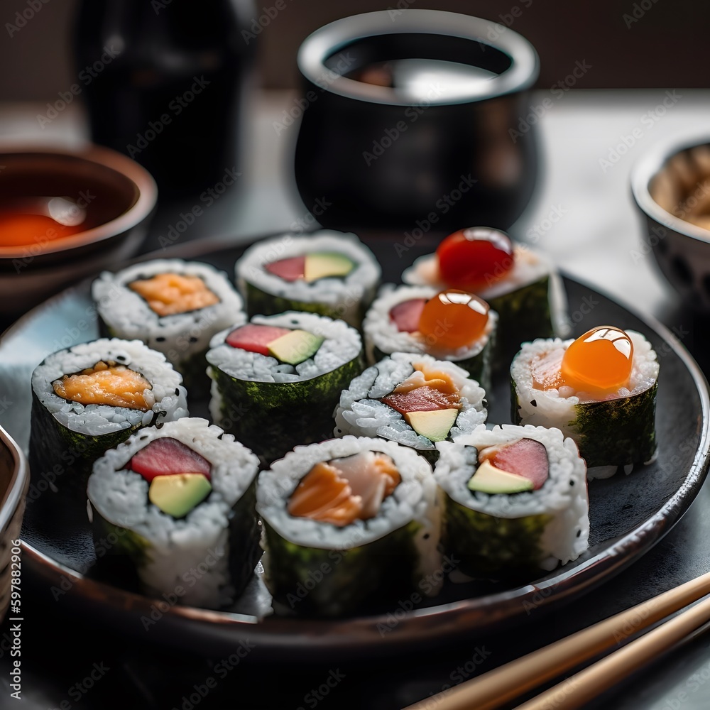 Top-down angle of fresh and healthy sushi rolls Top-down angle of fresh and healthy sushi rolls