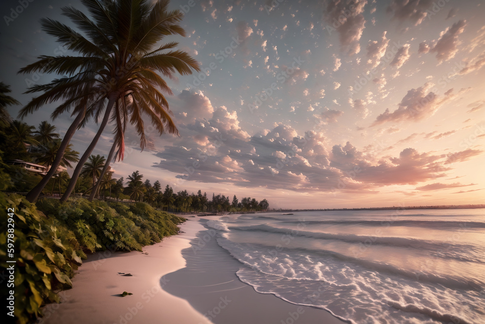 Fototapeta premium AIで生成した夕焼けの海岸線とヤシの木のイラスト ジェネレーティブ Generative AI