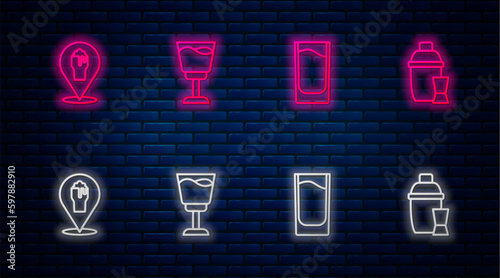 Set line Wine glass, Shot, Alcohol or beer bar location and Cocktail shaker. Glowing neon icon on brick wall. Vector