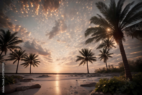 AIで生成した夕焼け空とヤシの木と渚のイラスト ジェネレーティブ Generative AI