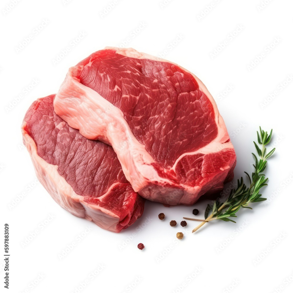 Raw steaks isolated on white background.copy space.Generative AI Raw steaks isolated on white background.copy space.Generative AI