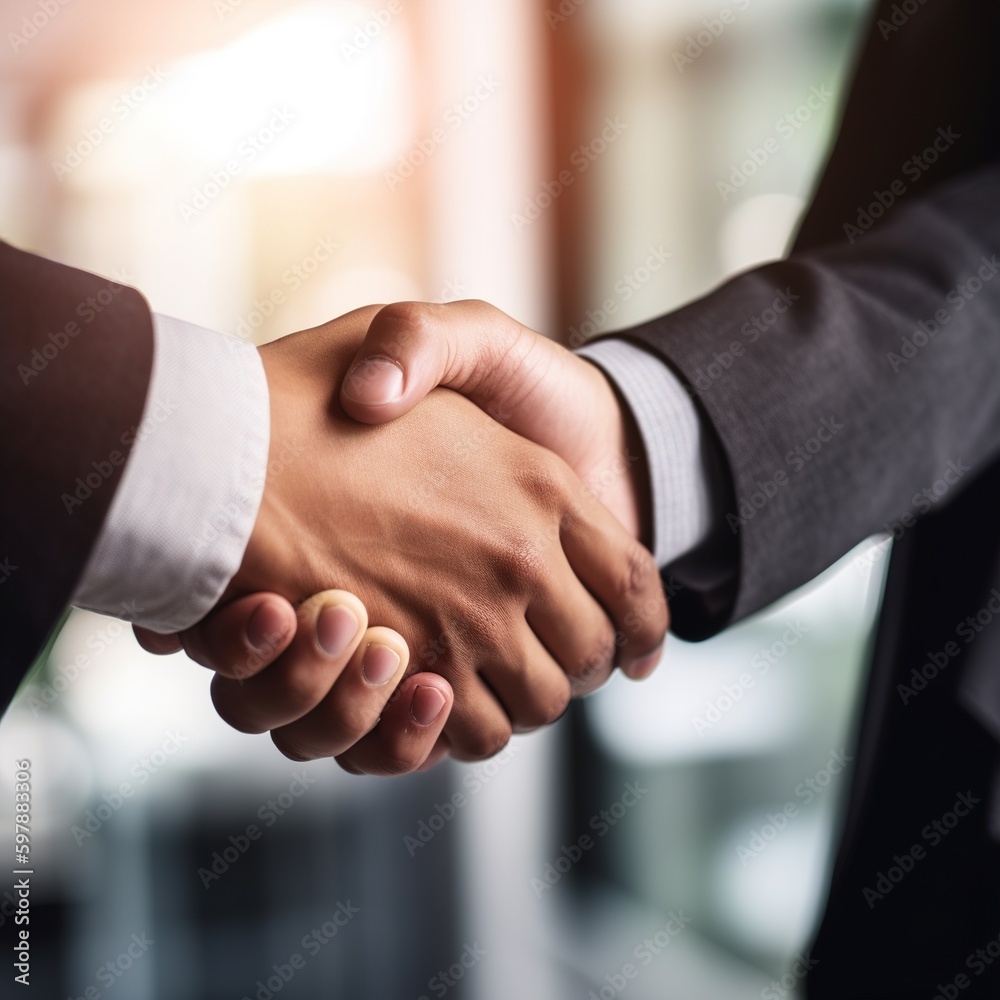 Handshake and teamwork between two corporate and professional business colleagues or coworkers. arrangement, partnership between merging companies to join and succeed. generative AI