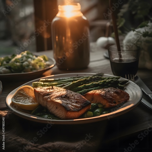 Delicious grilled salmon and asparagus plate with a Panasonic Lumix GH5 camera photo