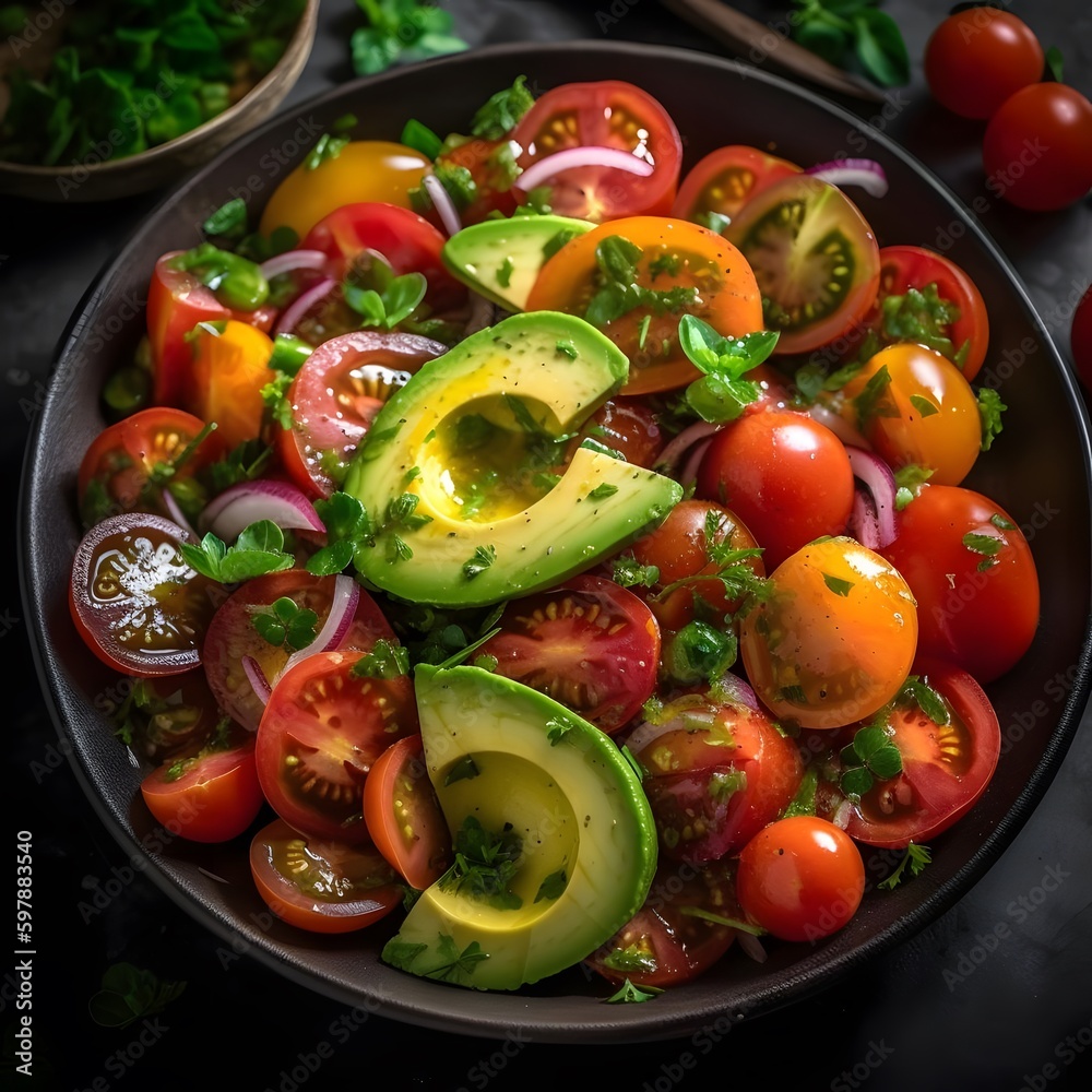 A Refreshing and Zesty Plate of Avocado and Tomato Salad A Refreshing and Zesty Plate of Avocado and Tomato Salad