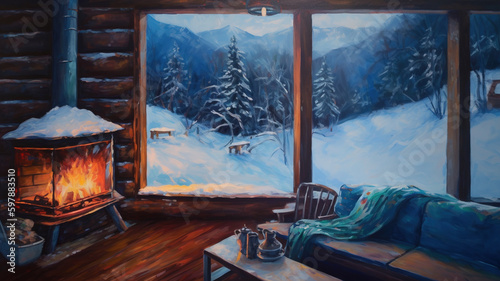 Cozy Winter Cabin Interior with Fireplace  Rustic and Warm Log Cabin Illustration for Christmas celebration