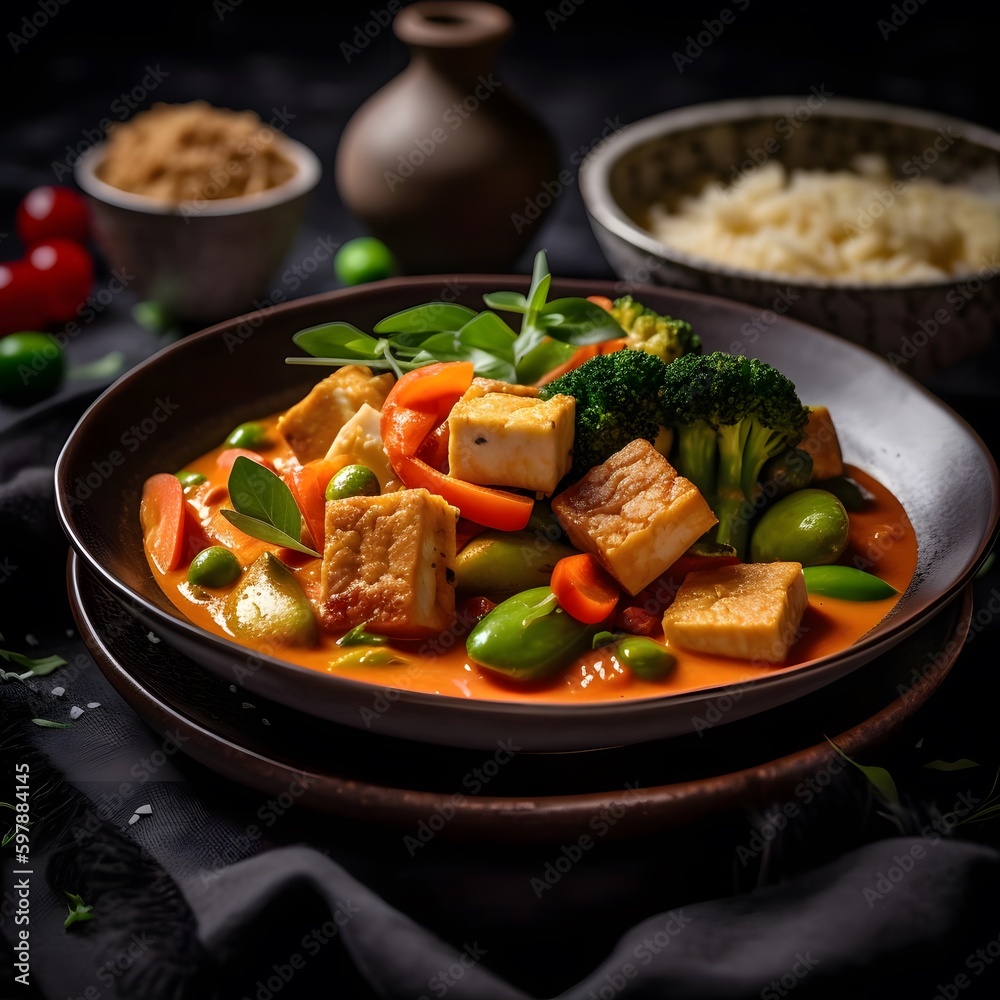 A bowl of red curry with vegetables and tofu A bowl of red curry with vegetables and tofu