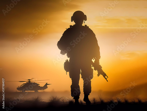Soldier in a helmet at sunset. silhouette of a soldier with weapons. Helicopter. Banner. generative AI