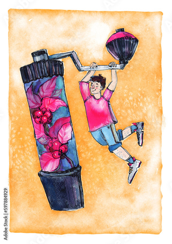 Watercolor fantasy stylized illustration, coffee lover guy and coffee grinder, coffee tree drawing, yellow background