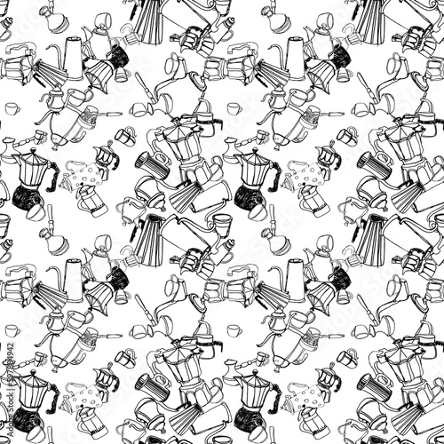 Pattern with illustrations of different methods of manual brewing, geyser coffee maker, v60, kettle, cups and filter of coffee on a white background, ink drawing