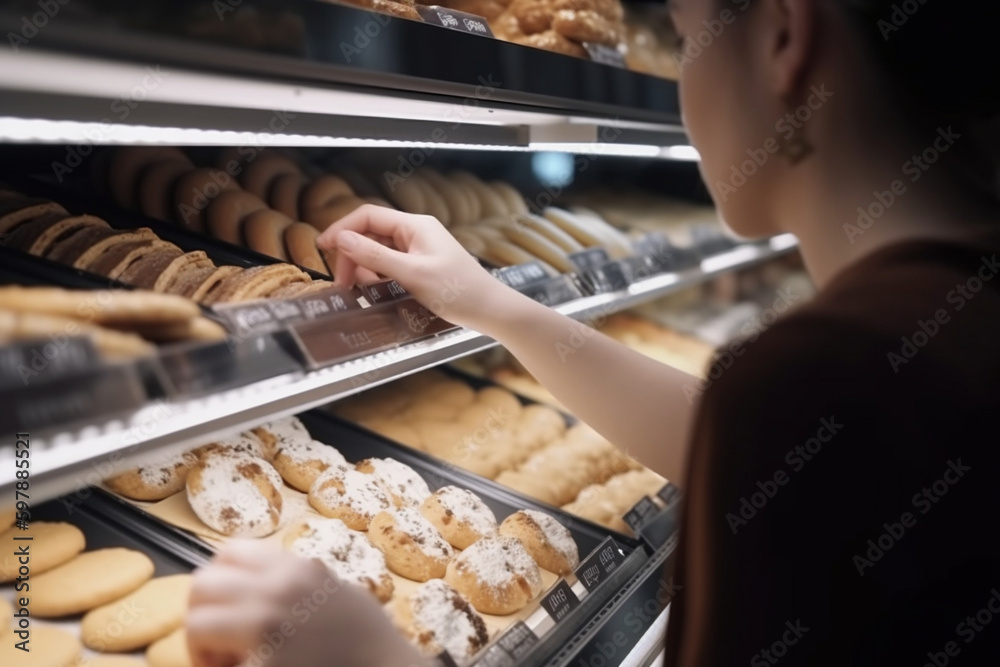 woman choosing cookies near shelf in bakery department of grocery store Generative AI