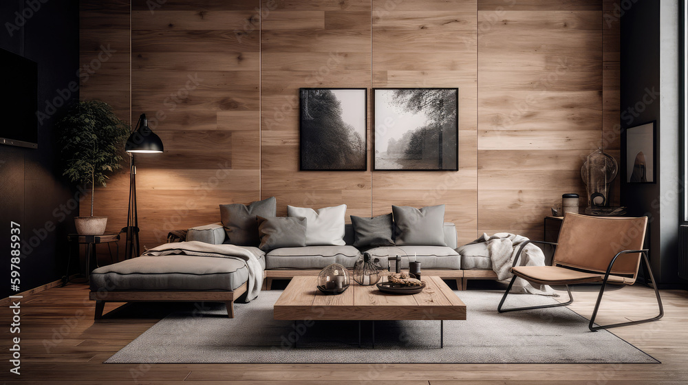 Fototapeta premium Modern interior design of living room. Generative AI