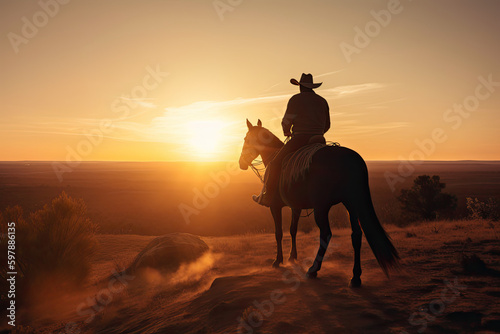 cowboy riding horse at sunset - silhouette of a person on a horse during sunset - made with generative ai