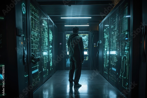 person in a Cyber Security Data Protection room with servers- made with generative ai