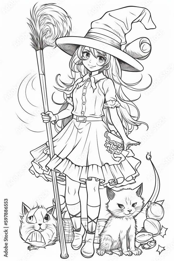 Coloring page for children, witch, cartoon style, thick lines, small ...