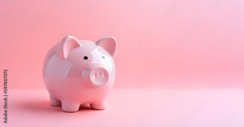 Ceramic Piggy Bank in Pink Background With Copy Space: AI Generated Image