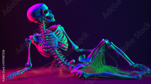 The skeleton lies in neon light on a dark © Crazy Dark Queen