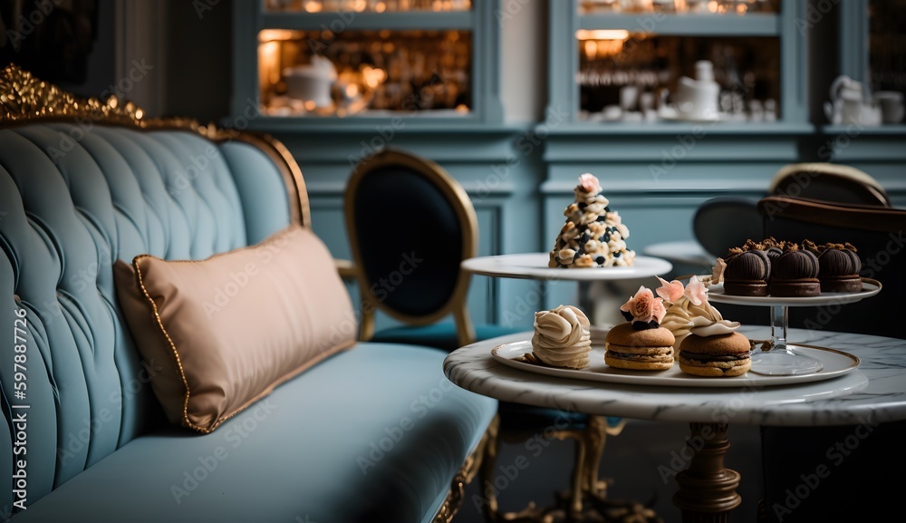 A beautifully designed French patisserie interior, featuring intricate details, luxurious seating, and a variety of decadent treats on display