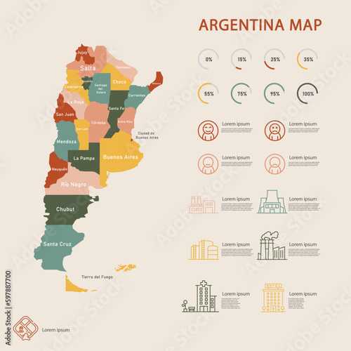 Argentina map and infographic of provinces, political maps of argentina south america, earth tone color - Vector File