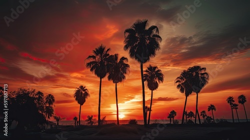 Palm tree sunset wallpaper created with generative AI technology