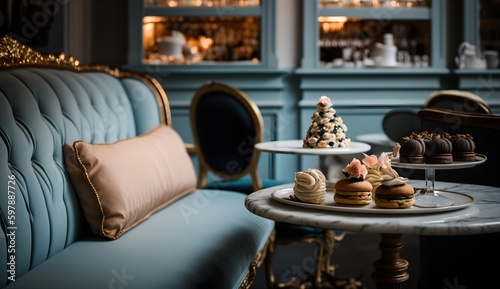 A beautifully designed French patisserie interior, featuring intricate details, luxurious seating, and a variety of decadent treats on display