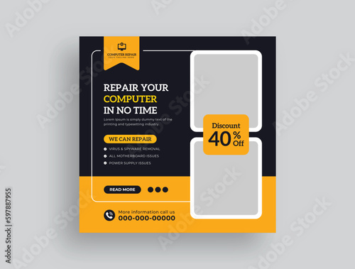 Computer repair social media posts, Facebook Instagram square posts, web banner template