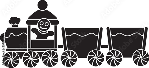 Black and White Cartoon Illustration Vector of a Candy Train and Gingerbread Man