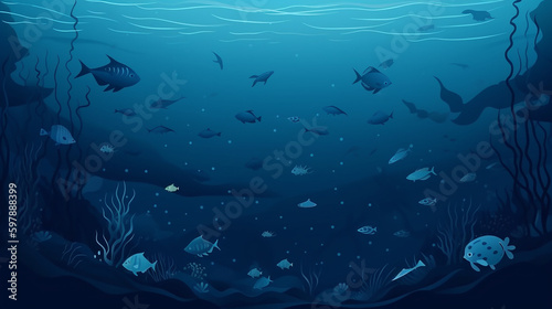 Underwater world, deep blue sea, cartoon style, banner design. Generative AI