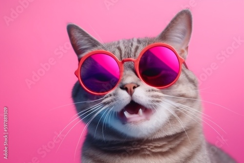 funny pet sunglasses cat colourful animal portrait fashion neon cute. Generative AI.