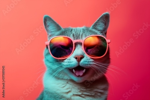 fashion colourful sunglasses portrait cute funny neon pet cat animal. Generative AI.