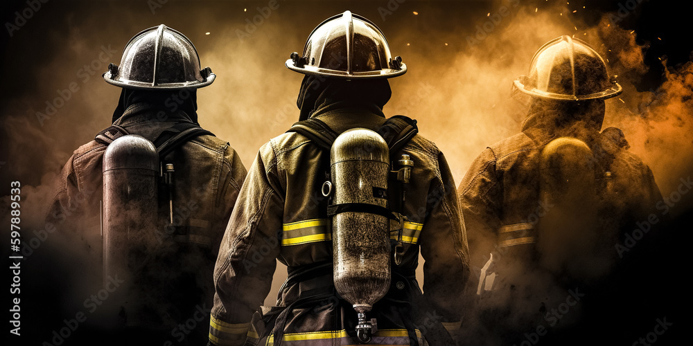 Fototapeta premium Group of firefighters fighting a fire, They are in the midst of fire and smoke. under danger situation all firemen wearing fire fighter suit for safety. digital ai art 