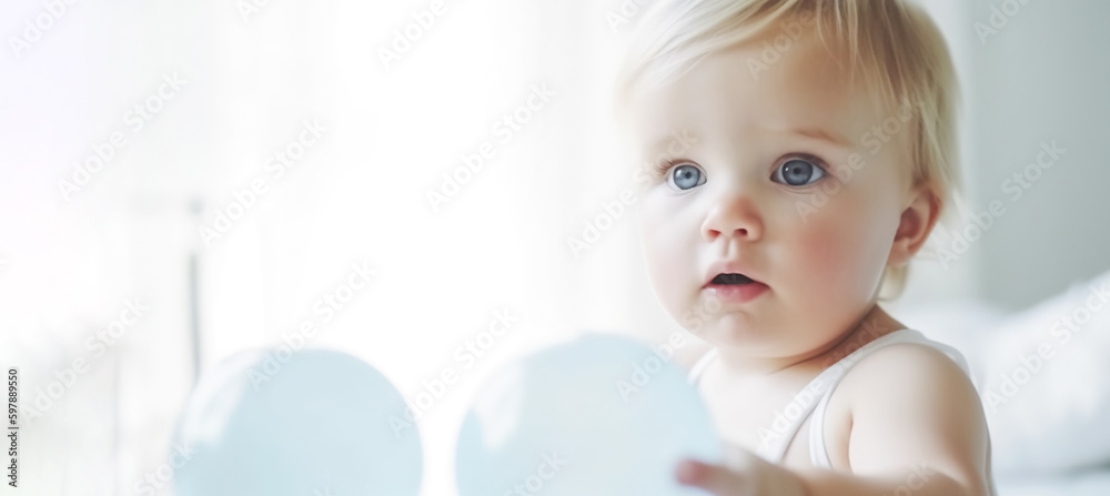 Cute baby playing with toy sitting in white sunny bedroom. Toys for little kids. Interior for little boy nursery. Child with educational toy. early development, with copy space, digital ai Cute baby playing with toy sitting in white sunny bedroom. Toys for little kids. Interior for little boy nursery. Child with educational toy. early development, with copy space, digital ai